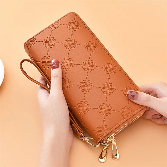 Floral Double Zipper Wallet in Brown