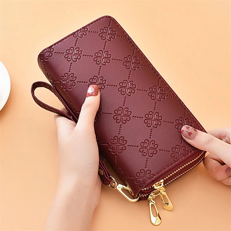 Floral Double Zipper Wallet in Burgundy