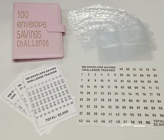 100 Envelope Savings Challenge Binder Book (Gold Font) -Pastel Pink