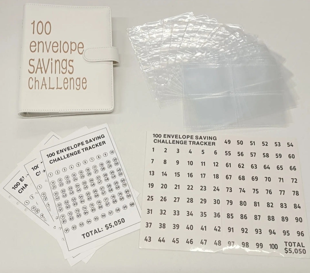 100 Envelope Savings Challenge Binder Book (Gold Font) -White