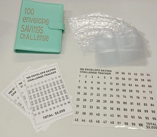 100 Envelope Savings Challenge Binder Book (Gold Font) -Pastel Green