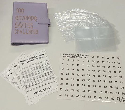 100 Envelope Savings Challenge Binder Book (Gold Font) -Pastel Purple