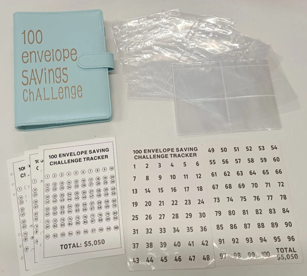 100 Envelope Savings Challenge Binder Book (Gold Font) -Pastel Blue