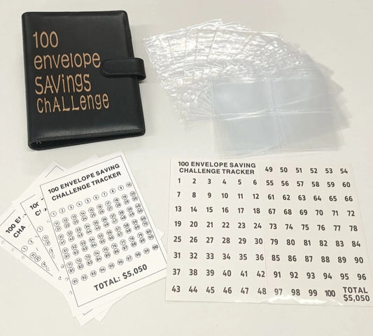 100 Envelope Savings Challenge Binder Book (Gold Font) -Black