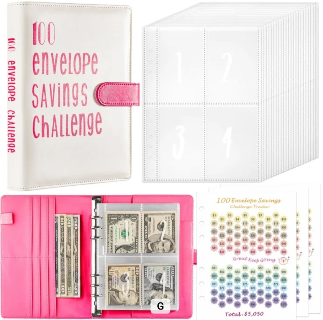 100 Envelope Savings Challenge Binder Book (PU Leather)-Pink