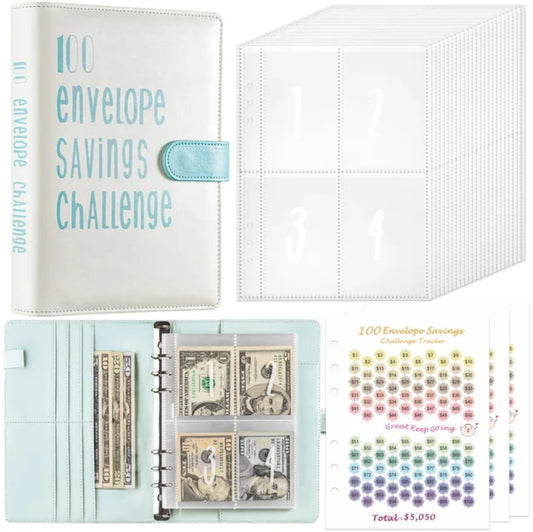 100 Envelope Savings Challenge Binder Book (PU Leather)-Aqua