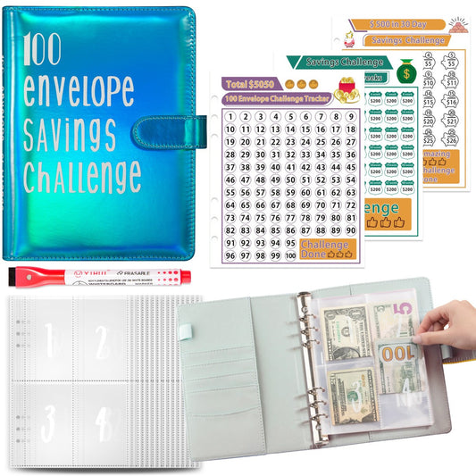 Holographic 100 Envelope Savings Challenge Binder Book -Aqua