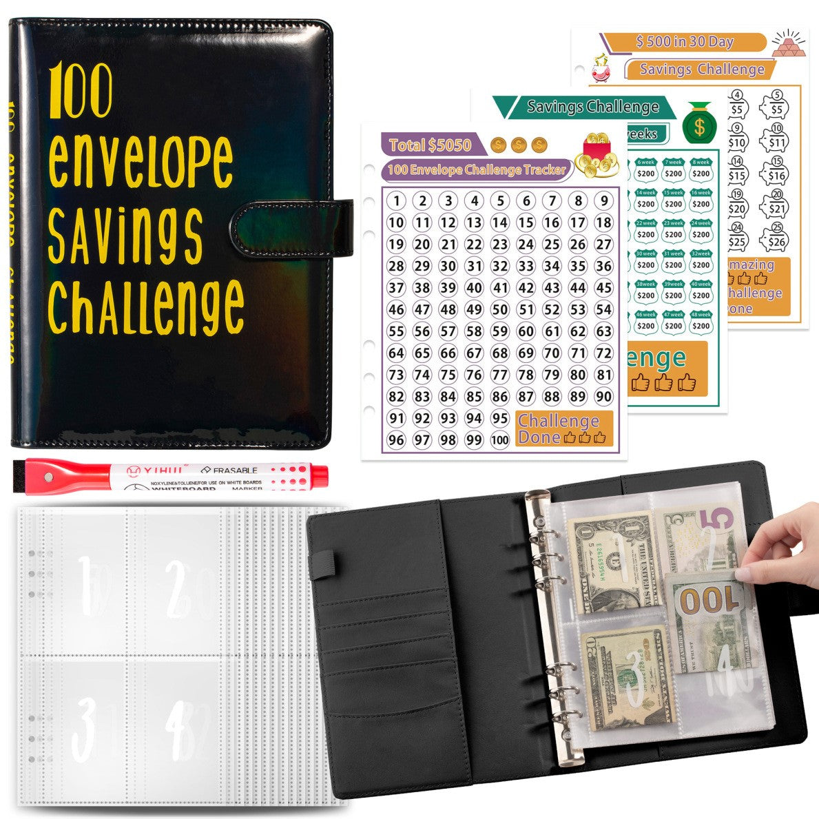 Holographic 100 Envelope Savings Challenge Binder Book -Black