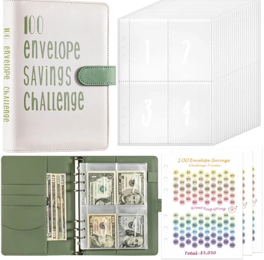 100 Envelope Savings Challenge Binder Book (PU Leather)-Green