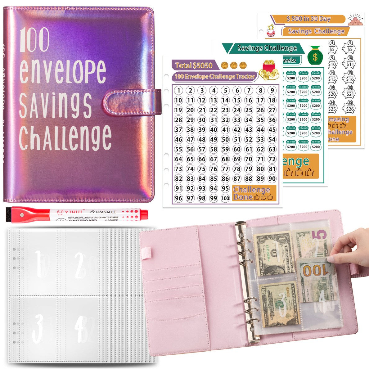 Holographic 100 Envelope Savings Challenge Binder Book -Pink