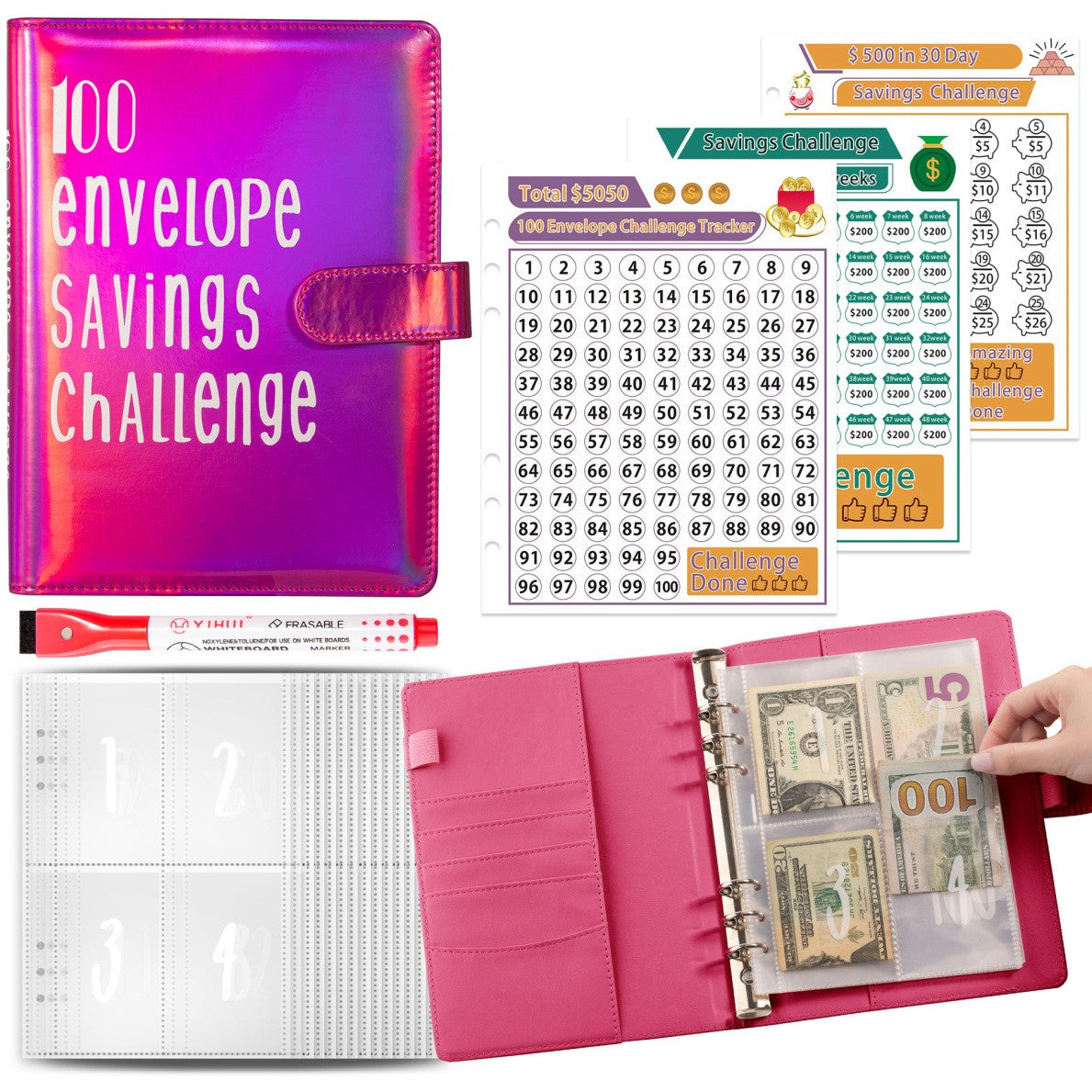 Holographic 100 Envelope Savings Challenge Binder Book -Rose