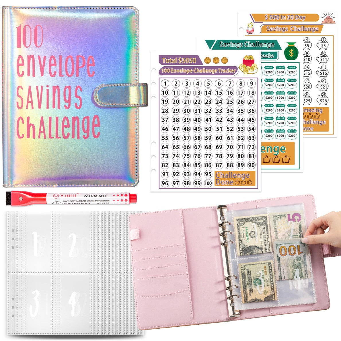 Holographic 100 Envelope Savings Challenge Binder Book -Pink/Silver