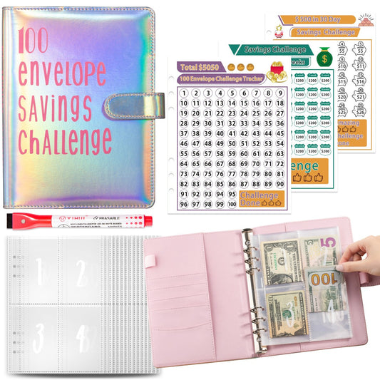 Holographic 100 Envelope Savings Challenge Binder Book -Pink/Silver