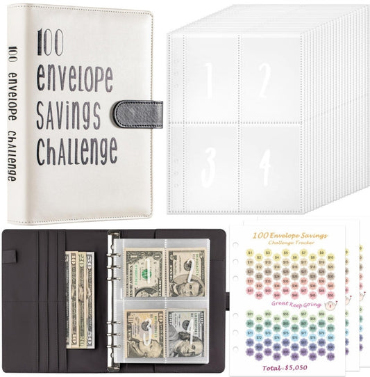 100 Envelope Savings Challenge Binder Book (PU Leather)-Black