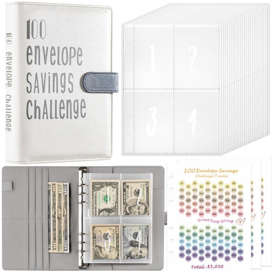 100 Envelope Savings Challenge Binder Book (PU Leather)-Gray