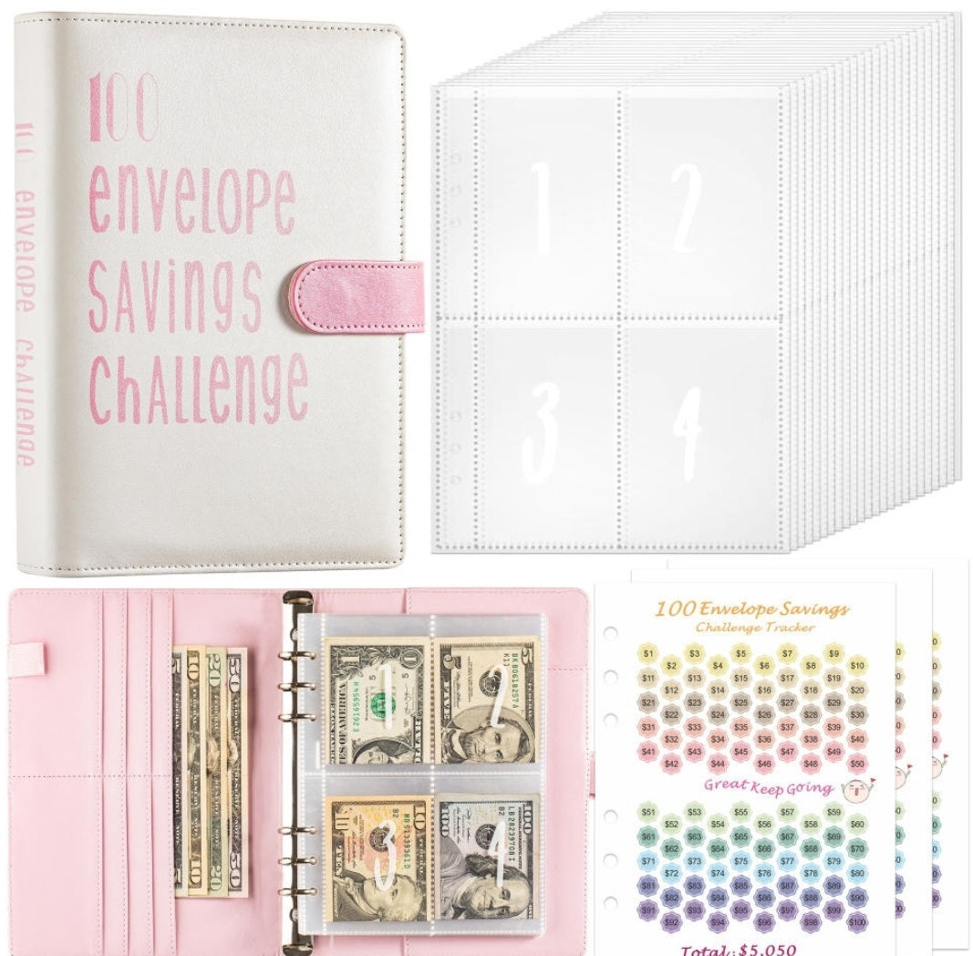 100 Envelope Savings Challenge Binder Book (PU Leather)-Light Pink