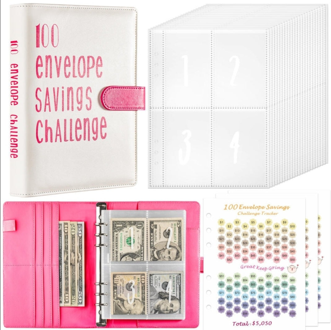 100 Envelope Savings Challenge Binder Book (PU Leather)-Pink