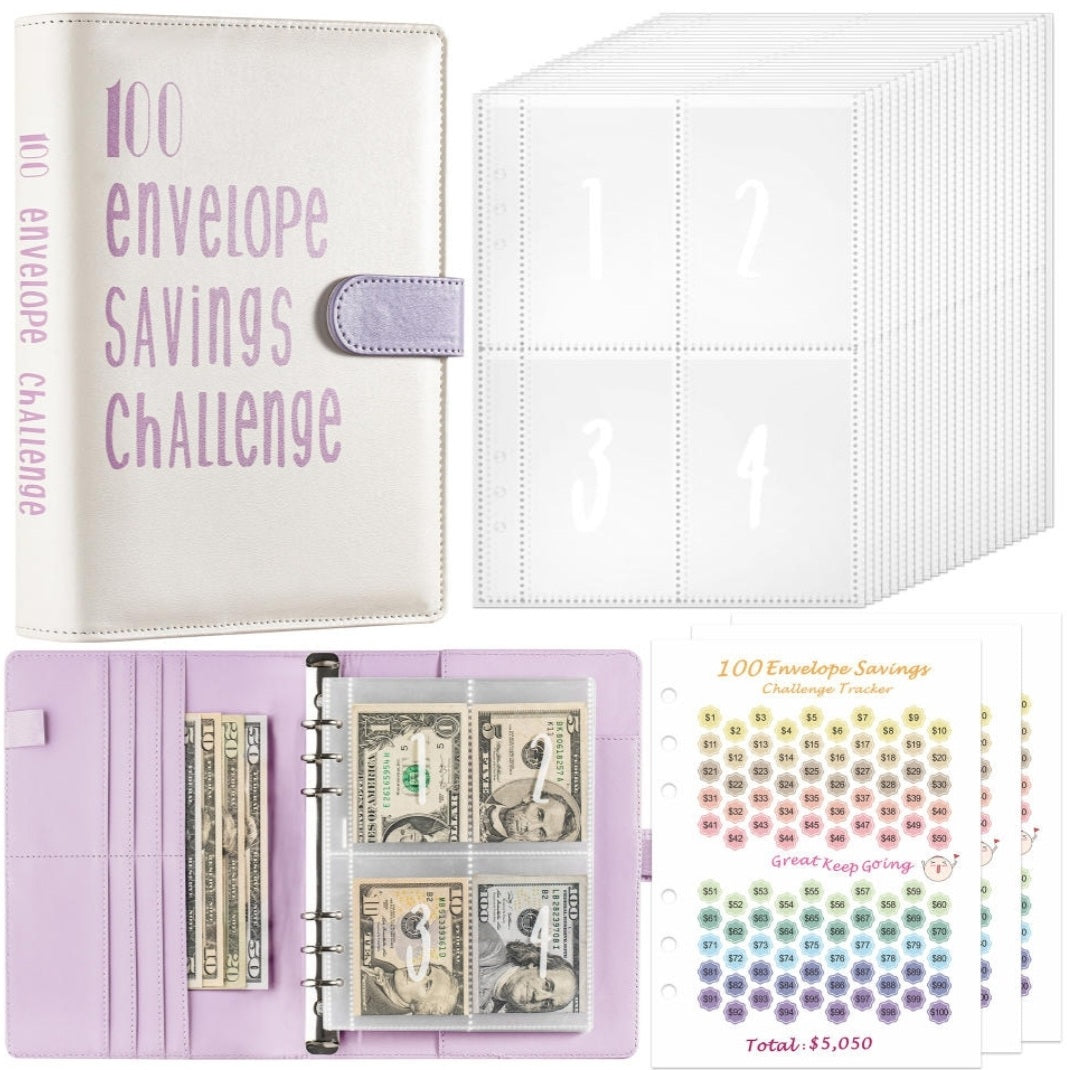 100 Envelope Savings Challenge Binder Book (PU Leather)-Purple