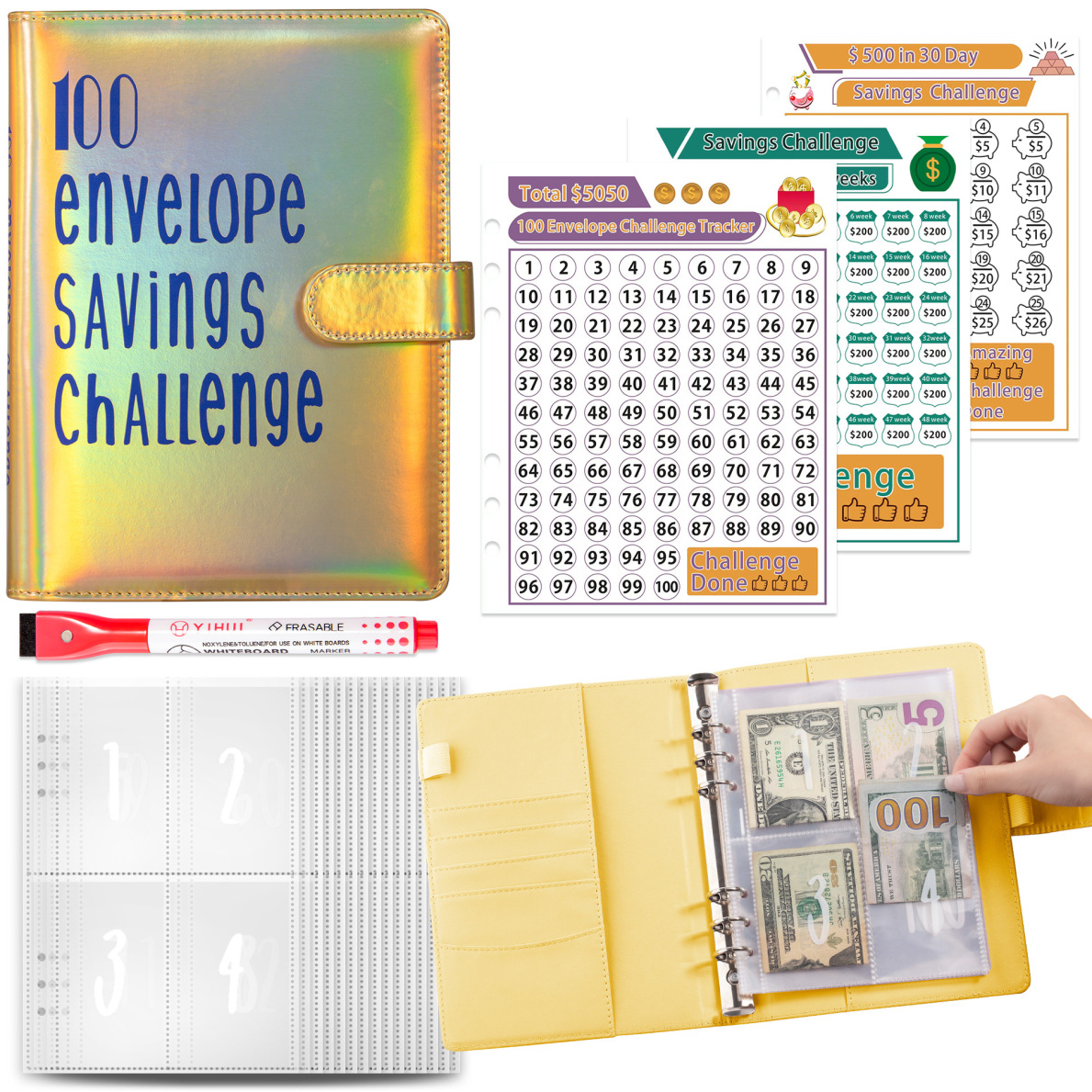 Holographic 100 Envelope Savings Challenge Binder Book -Yellow